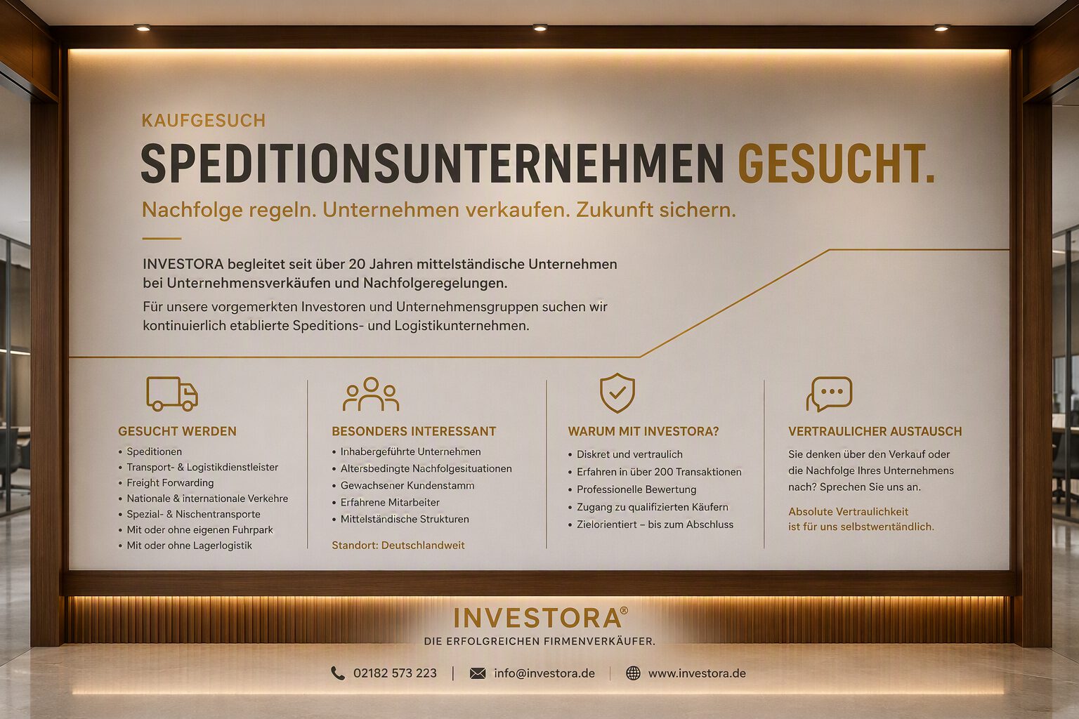 Speditionsunternehmen verkaufen: Diskrete Nachfolge für Logistik-UnternehmerSichern Sie das Lebenswerk Ihres Transport- oder Logistikunternehmens. Die INVESTORA GmbH sucht im Kundenauftrag bundesweit etablierte Speditionen zur Übernahme durch bonitätsstarke Investoren.Nachfolge regeln. Unternehmen verkaufen. Zukunft sichern.Der Markt für Speditions- und Logistikunternehmen befindet sich im Wandel. Gleichzeitig suchen immer mehr Unternehmer eine verlässliche Nachfolgelösung oder beschäftigen sich erstmals mit dem Gedanken eines Unternehmensverkaufs.INVESTORA begleitet seit über 20 Jahren mittelständische Unternehmen bei Unternehmensverkäufen und Nachfolgeregelungen. Strategische Käufer und Unternehmensgruppen suchen über uns kontinuierlich etablierte Speditions- und Logistikunternehmen.